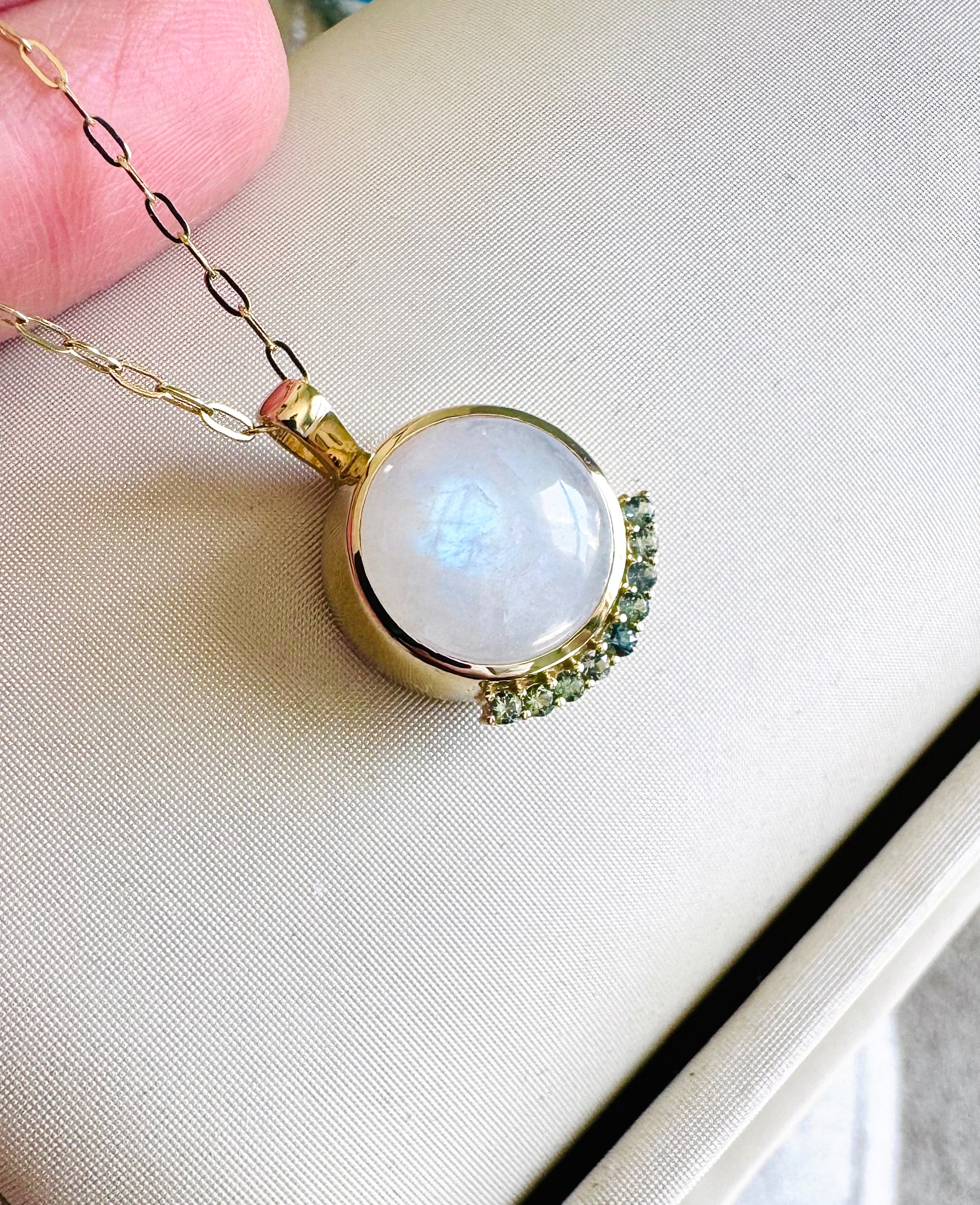 Rainbow Moonstone and Teal Sapphire Necklace